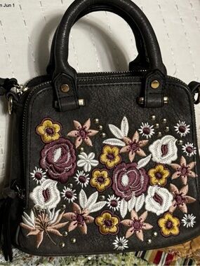 Embroidered Floral Black Satchel Bag